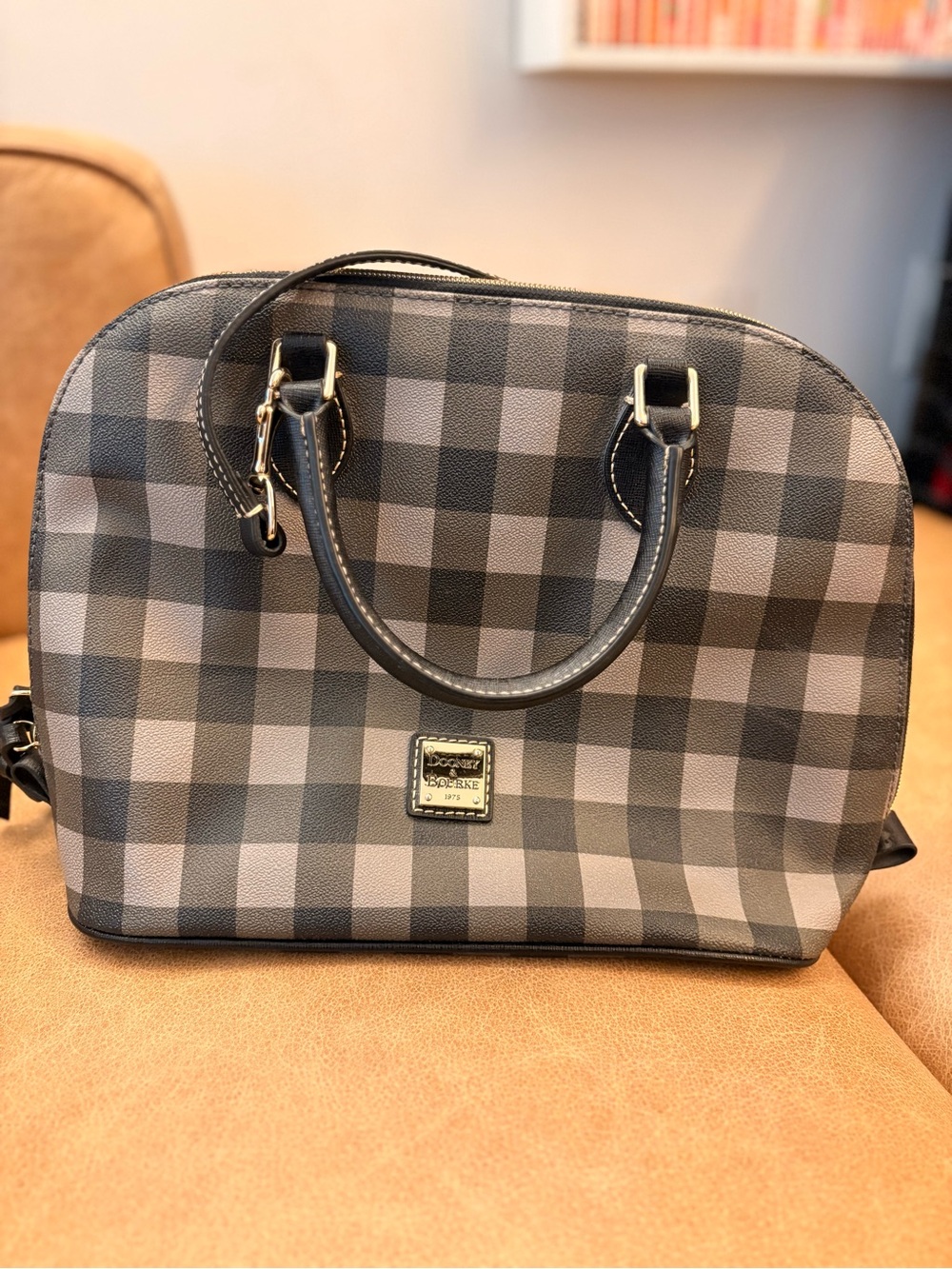 Dooney & Bourke Gray Plaid Dome Satchel with Black Trim